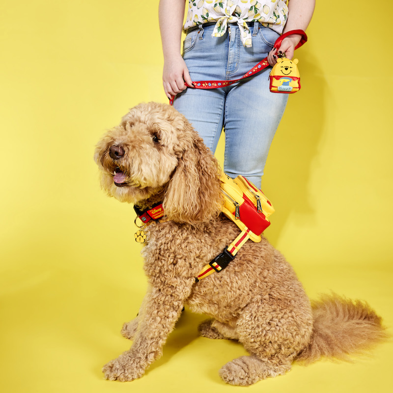 Dog sitting in front of a woman against a yellow background, wearing the Winnie the Pooh mini backpack harness. The woman holds the Winnie the Pooh leash, which has the Winnie the Pooh Treat & Disposable Bag Holder attached.